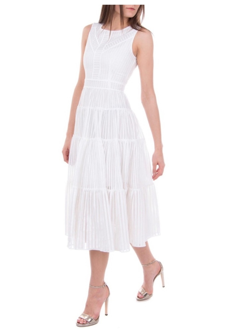 Maje White Stripe Jacquard Raya Tiered Midi Dress Sleeveless  Midi Dress Small